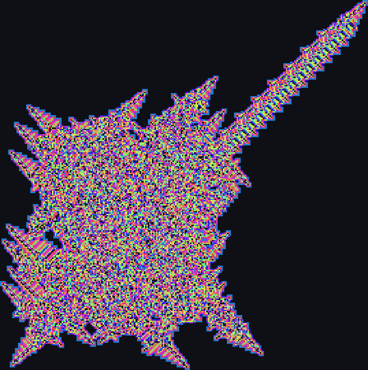 Rule RRRLLLRRLL: a spiky chaotic blob with one thick, striped highway shooting out of it