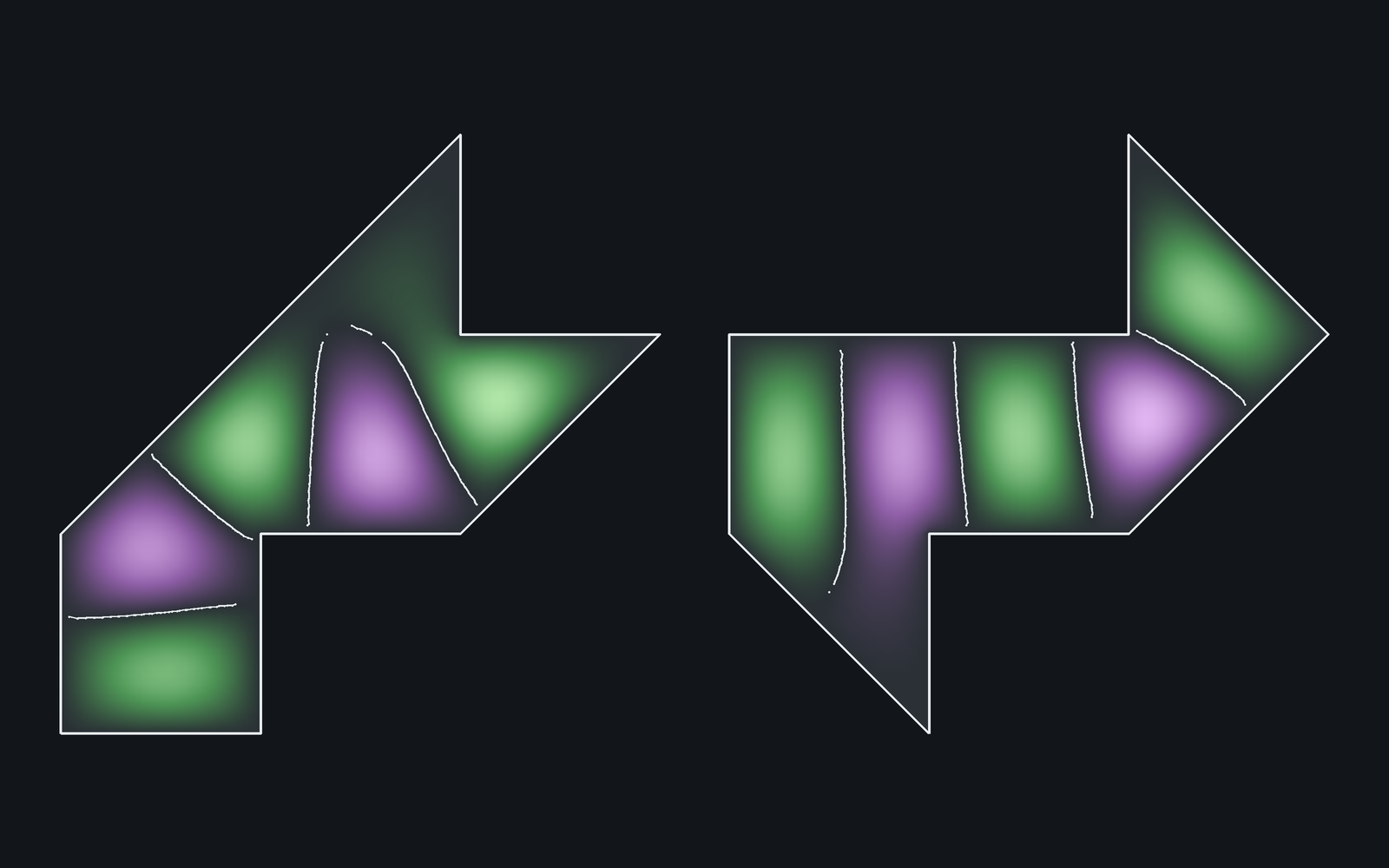 The two drum shapes side by side, each showing the same-frequency vibration mode with a different pattern of regions