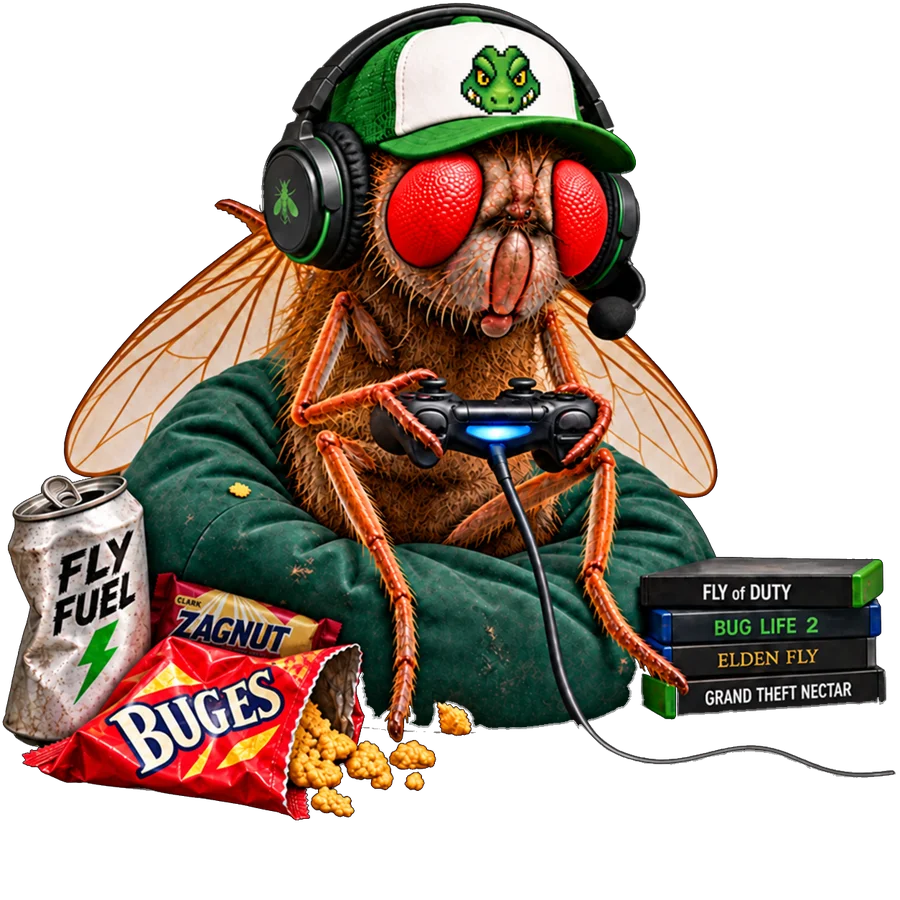 Illustration of a fruit fly in a gamer headset holding a controller