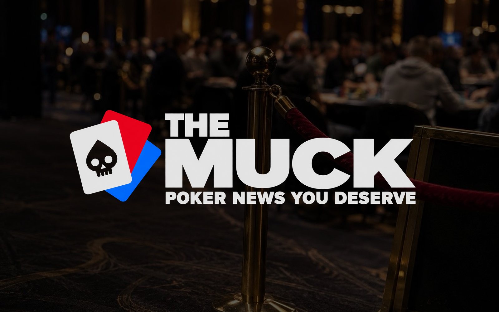 The Muck logo, a skull on a playing card, over a dim poker room